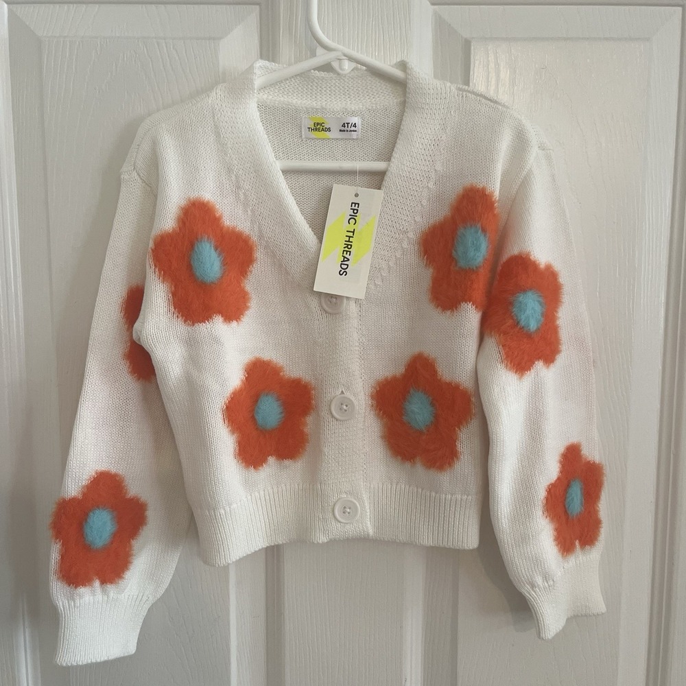NWT Epic Threads Girls 4T Fuzzy Flower Cardigan Sweater Orange Turquoise Floral